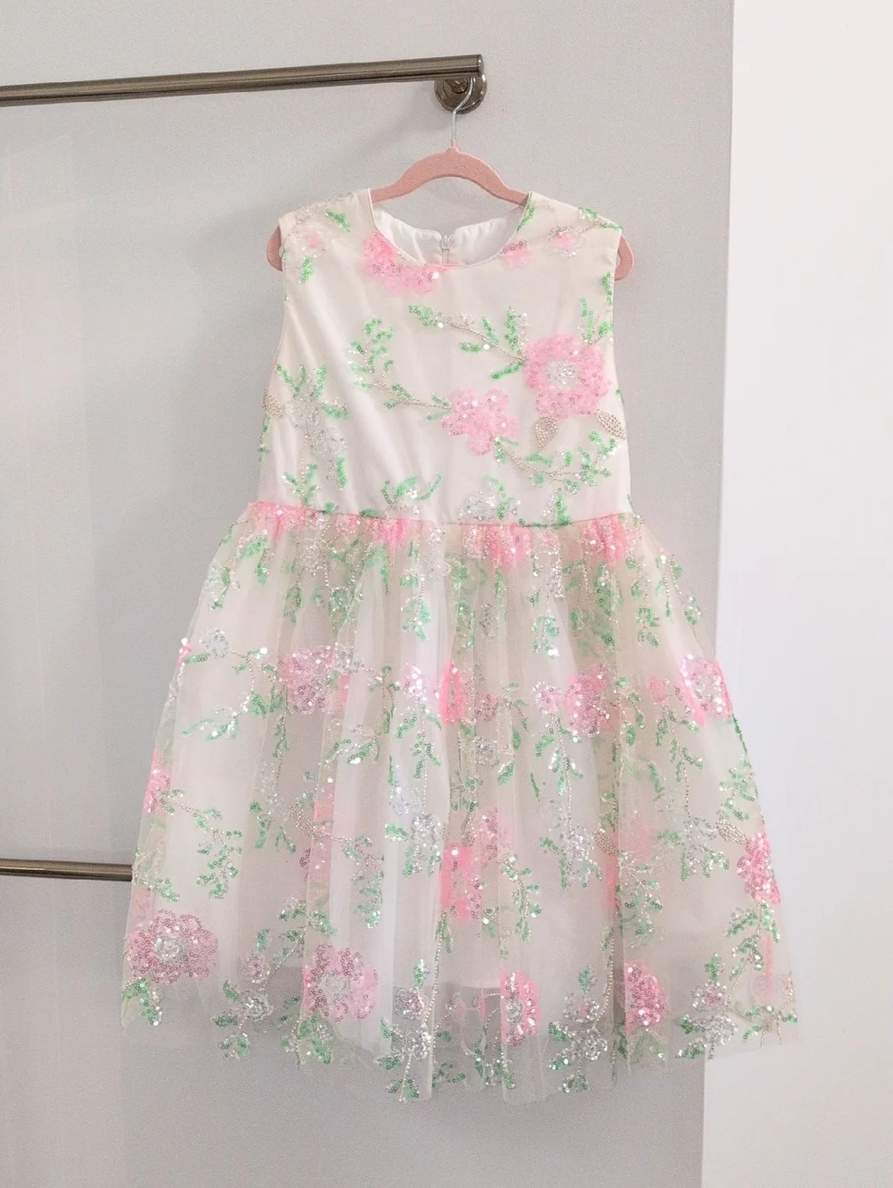 Lola + The Boys White Floral Sequin Girls' Formal Dress - Pink & Green